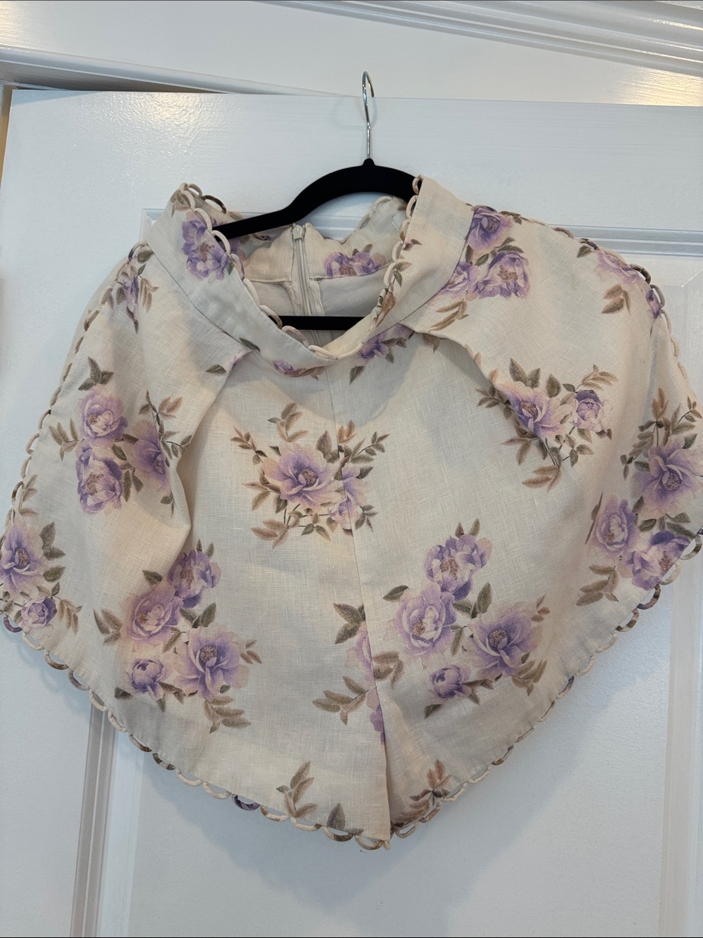 Zimmermann Cream Floral Scalloped Shorts with Lavender Rose Print